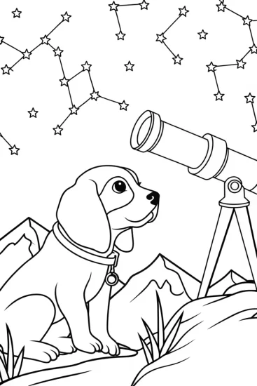 A coloring page of Puppy astronomer observing stars