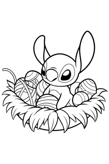 A coloring page of Stitch in a garden of threads