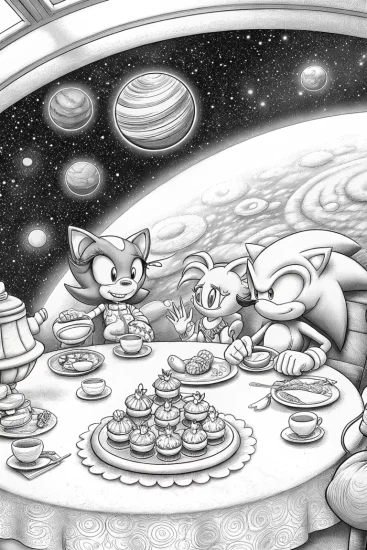 A coloring page of Sonic’s tea party in space