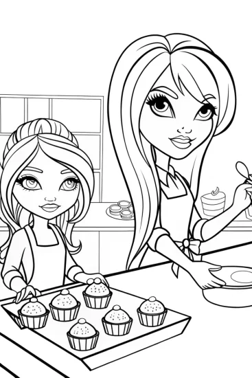 A coloring page of Bratz dolls bakery competition