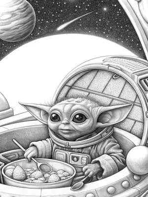 Baby Yoda cooking in space coloring pages