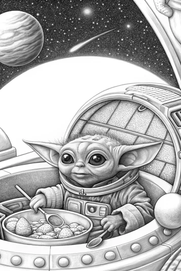 A coloring page of Baby Yoda cooking in space