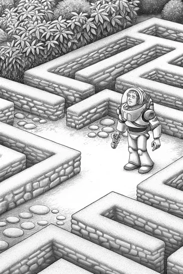 A coloring page of Buzz Lightyear in the garden maze