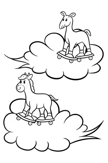 A coloring page of Animals roller skating on clouds