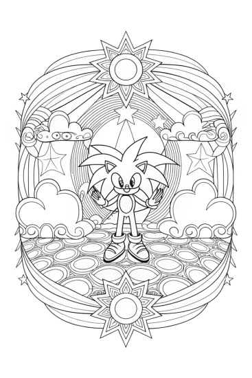 A coloring page of Super Sonic’s dance-off with clouds