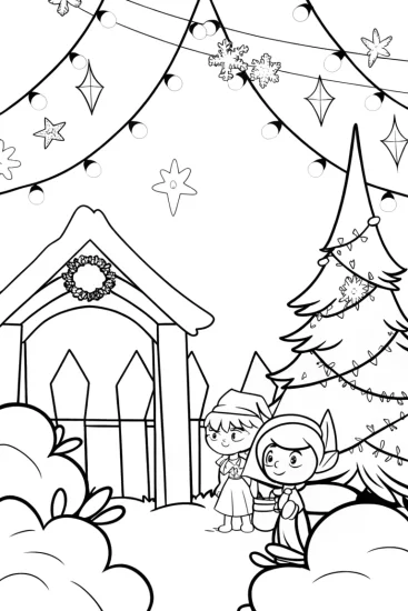 A coloring page of Christmas in the enchanted garden
