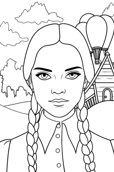 A coloring page of Wednesday Addams in a dreamscape