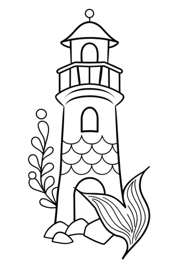 A coloring page of Mermaid timekeeper at coral tower