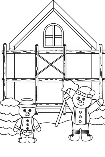 A coloring page of Gingerbread architects building