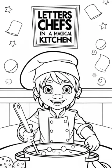 A coloring page of Letters as chefs in a magical kitchen