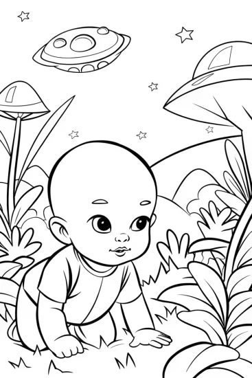 A coloring page of Baby exploring a space garden