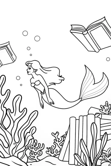 A coloring page of Little Mermaid underwater library