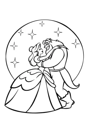 Belle and Beast dancing under the moon coloring pages