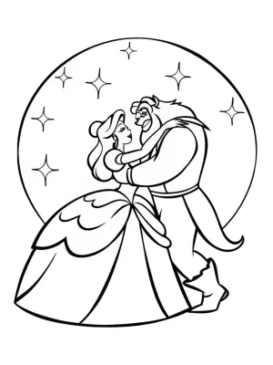 Belle and Beast dancing under the moon coloring pages