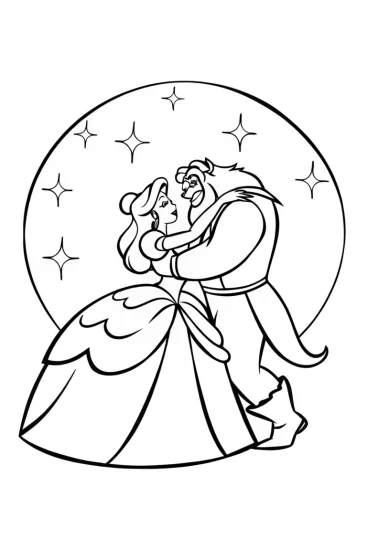A coloring page of Belle and Beast dancing under the moon
