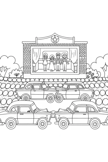 A coloring page of Bratz dolls at a drive-in movie