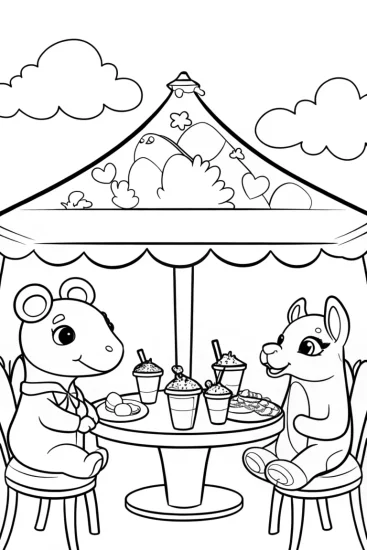 A coloring page of Animals at the cloud café