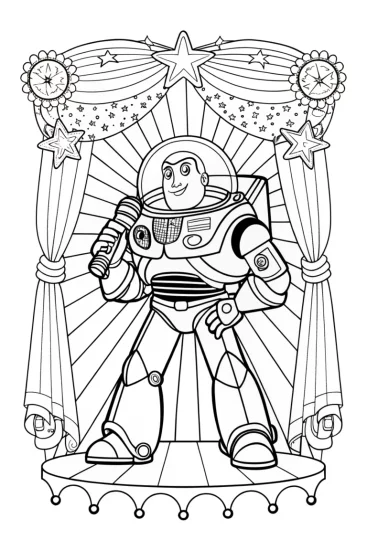 A coloring page of Buzz Lightyear karaoke showdown