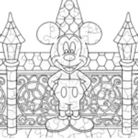 Mickey Mouse assembling a puzzle