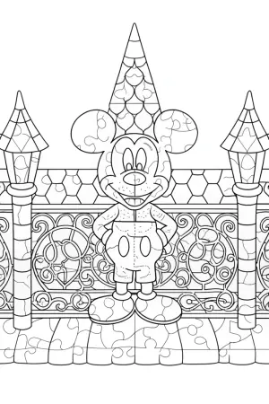 Mickey Mouse assembling a puzzle coloring pages
