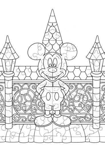 A coloring page of Mickey Mouse assembling a puzzle