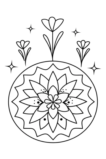 A coloring page of Mandala in a mystical garden