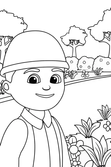 A coloring page of Banban leading a garden parade