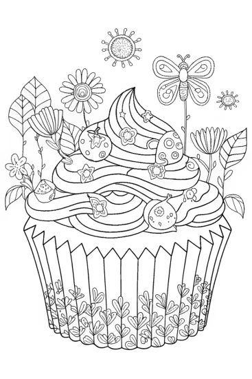 A coloring page of Cupcake Chic in the fairy garden