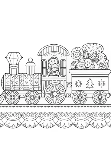 A coloring page of Gingerbread train with holiday animals
