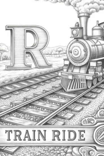 A coloring page of Alphabet letters on a train ride