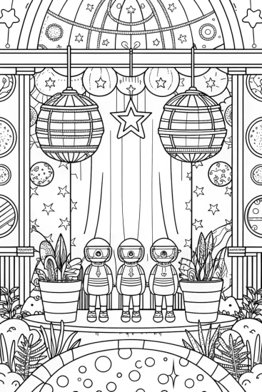 A coloring page of Blippi’s garden party in space