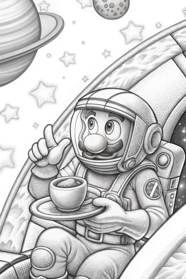A coloring page of Luigi serves coffee in space