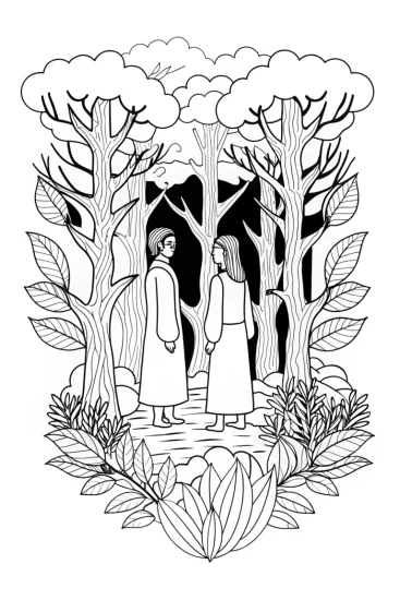 A coloring page of Champions council in the forest