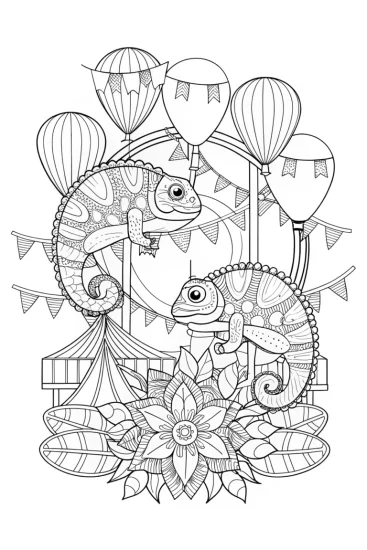A coloring page of Chameleons at a rainbow fair