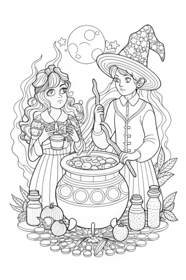A coloring page of Anime characters making a potion