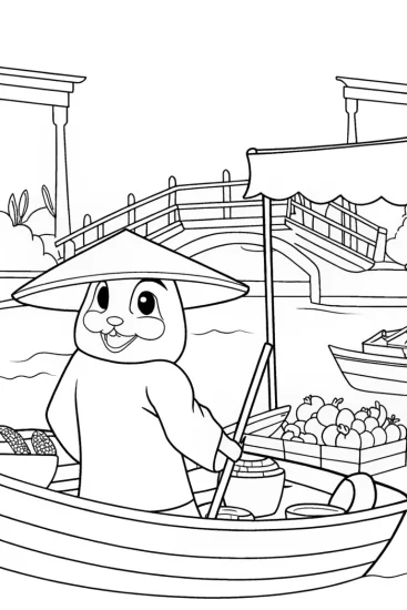 A coloring page of Axie at the floating market
