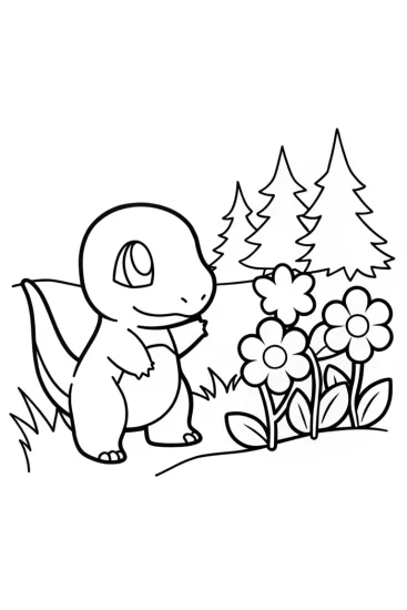 A coloring page of Charmander’s garden adventure