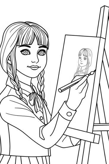 A coloring page of Wednesday Addams painting shadows