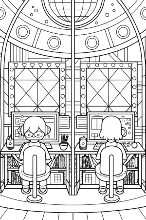Anime creators in a floating studio coloring pages