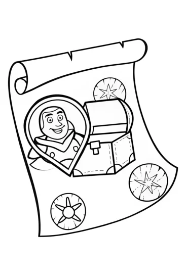A coloring page of Buzz Lightyear’s treasure hunt