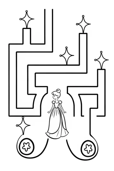 A coloring page of Princess in a whimsical labyrinth