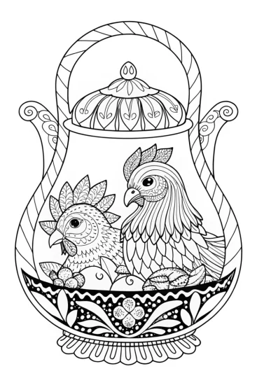 A coloring page of Chickens in a time-traveling teapot