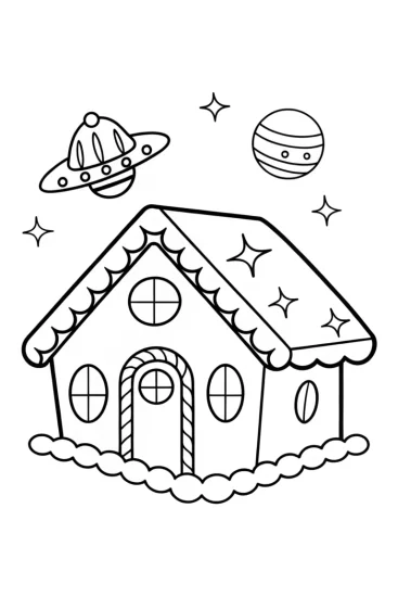 A coloring page of Gingerbread house on a space expedition