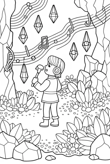 A coloring page of JJ exploring the enchanted music cave
