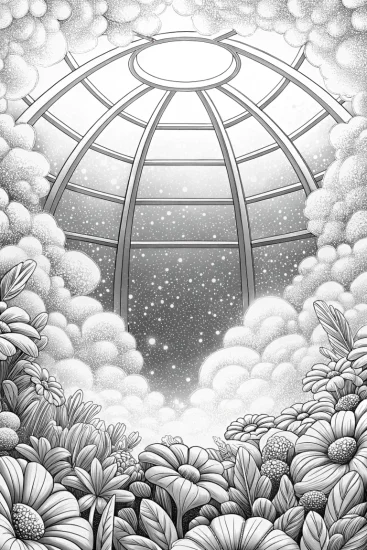 A coloring page of Nimbus in a sky garden