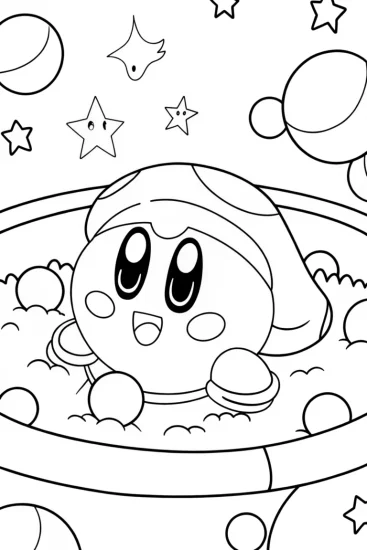 A coloring page of Kirby in a cosmic bubble bath