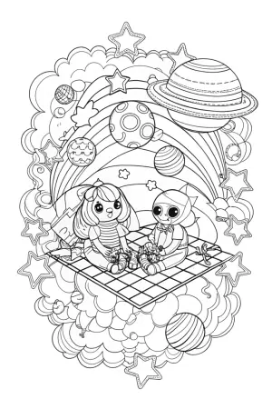 Rainbow Friends picnic in space coloring pages