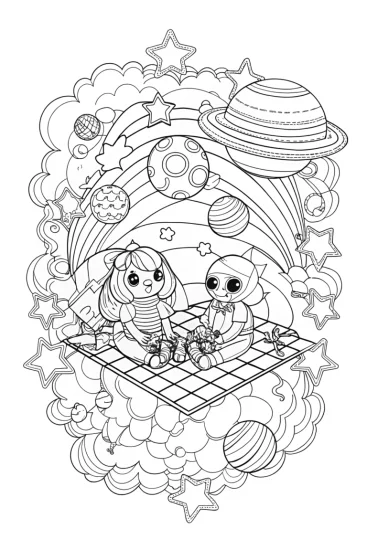 A coloring page of Rainbow Friends picnic in space
