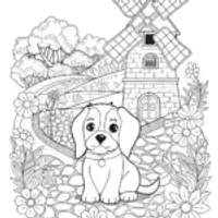 Puppy in a whimsical windmill garden