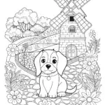 Puppy in a whimsical windmill garden